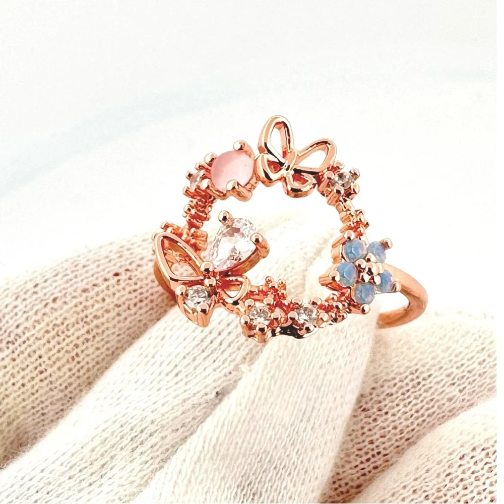 Butterfly & Flower Circle CZ Rose Gold Adjustable Band Ring